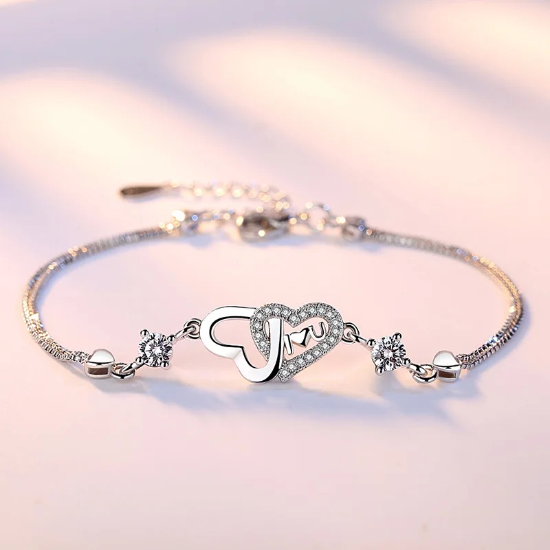 

White Purple Simple Zircon Bracelet Women New 30% 925 Sterling Sliver Double Love Heart Charm Pendant Bracelet for Girls Jewelry