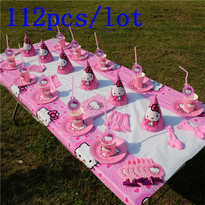 

Hello Kitty Theme 112Pcs/Lot Baby Shower Children Birthday Decoration Wedding Celebration Supplies Disposable Tableware Sets