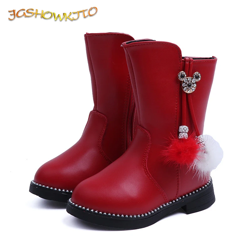 JGSHOWKITO Girls Rubber Boots For Big Kids Warm Cotton PU Leather Sweet