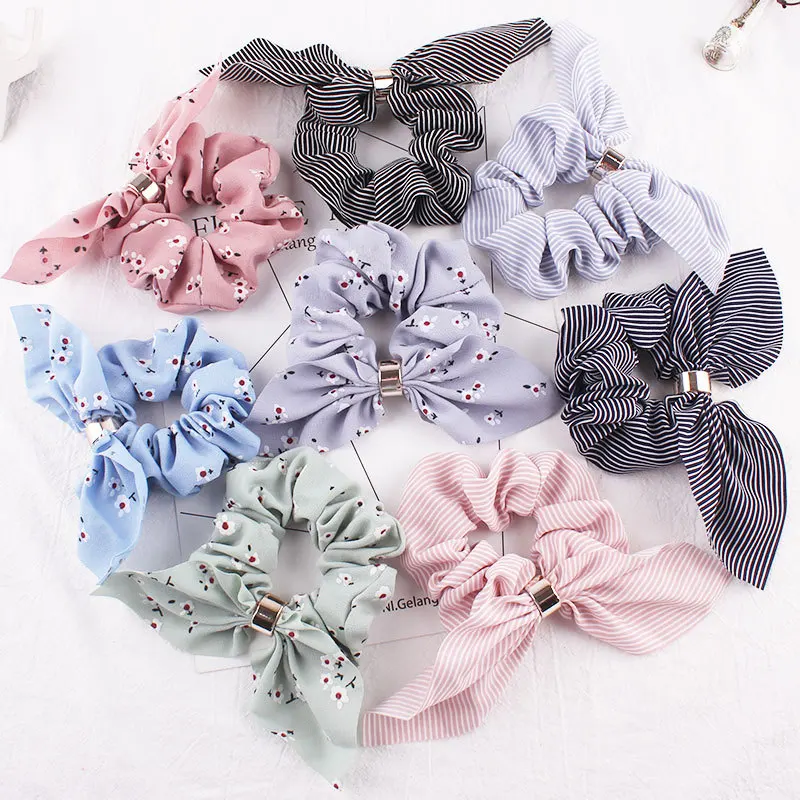 

Printed Rabbit Ears Bowknot Women Elastic Large Intestine Hair Rope Metal Circle Ring Connected Ponytail Holder Stripes