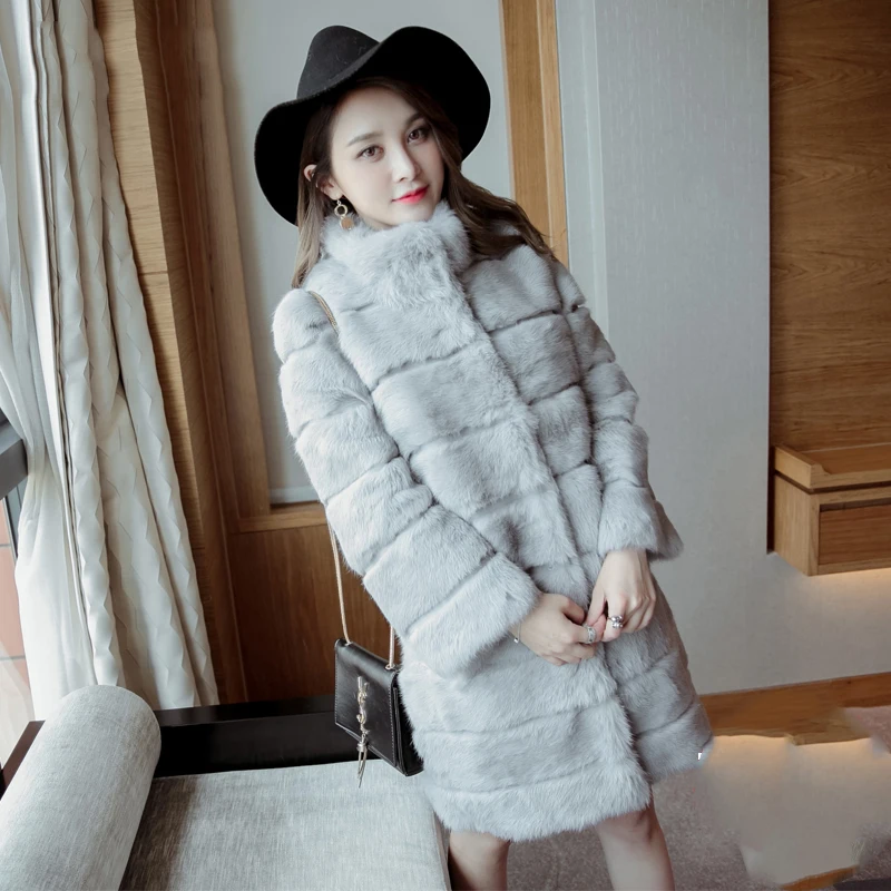 Long 90 cm Plus Size M - 6XL Wave Cut Trim High Quality Whole Skin Natural Rabbit Fur Coats Outerwear Women Real Fur Jackets