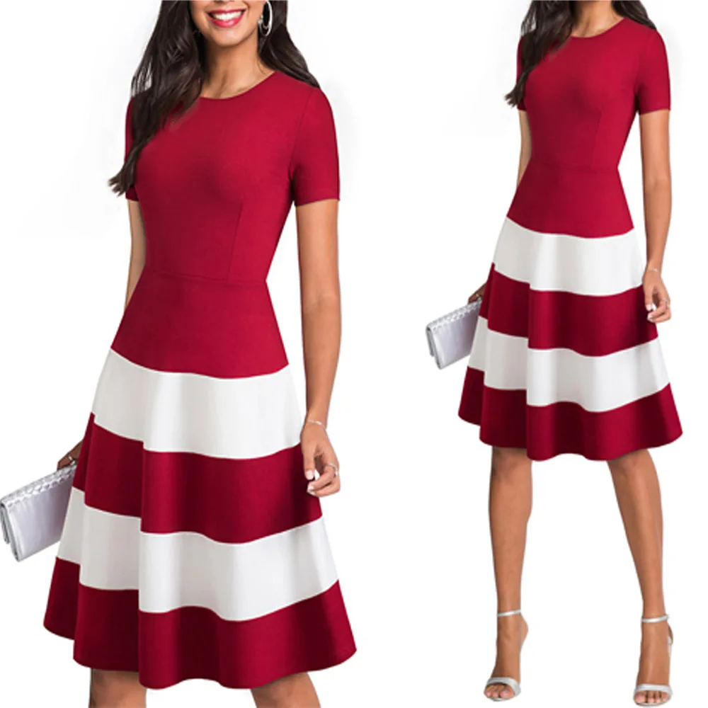 Модное летнее Полосатое повседневное женское платье до колена с коротким рукавом, элегантное ТРАПЕЦИЕВИДНОЕ ПЛАТЬЕ С Круглым Вырезом EA142 - Цвет: Dark Red