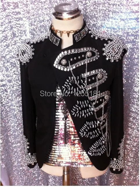 

2018 newest fashion black slim gentleman Palace rhinestone chain rivets blazer costume men's dj singer wear coat jazz outerwear