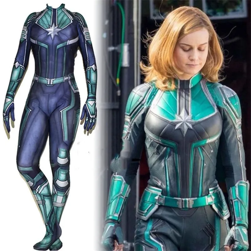 

New Movie Captain Marvel Green Combat Uniform Cosplay Costumes Of Wman 3D Jumpsuits Zentai Rompers Halloween Bodysuit