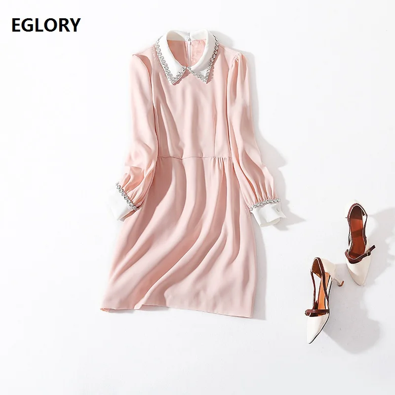 

Princess Women's Dress 2019 Autumn Fashion Office Lady Turn-down Collar Diamond Beading Long Sleeve Pink Black Dress Cotton