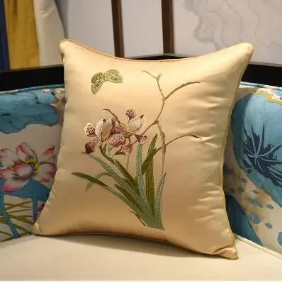 traditional Chinese orchid embroidered cushion cover classical flowers style lumbar pillow cover waist pillowcase for cushion