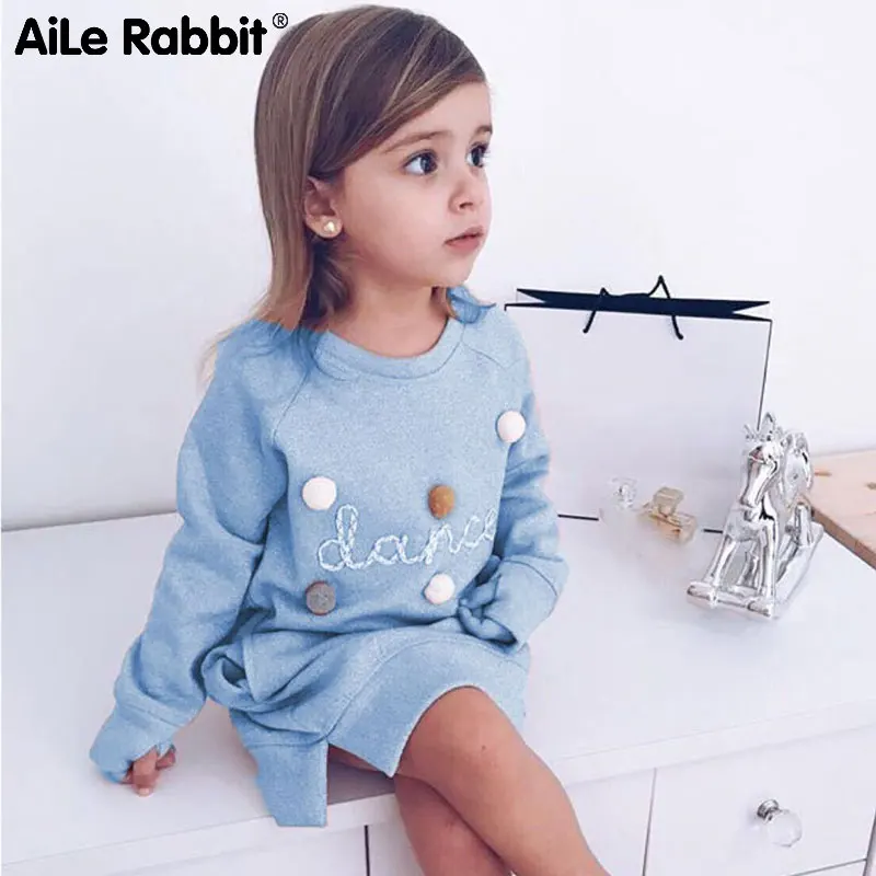 AiLe Rabbit 2018 Autumn Winter Cartoon Letter Embroidery Sweatshirt Girl Fashion Long Hoodie Dress Pullover Moletom Feminina