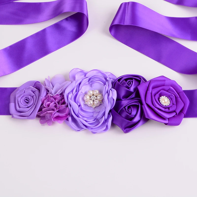 Purple Kids Flower Belt Girls Wedding Flower Girl Sash Belt for Dress Satin Rhinestone Maternity Sash Photo Prop Baby Shower