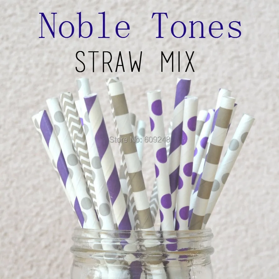 

100 Pcs Mixed Colors Noble Tones Paper Straws Bulk,Purple stripe, white with purple dot, gray rugby stripe and gray chevron
