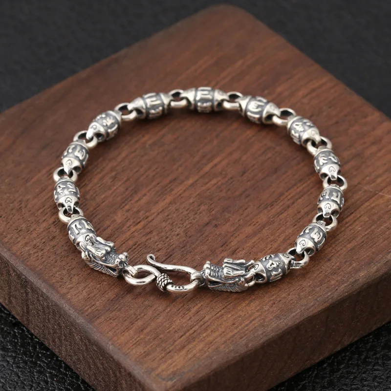 

Real 925 Sterling Silver Double Dragon Head Men Bracelet Vintage Punk Thai Silver Six Word's Mantra Bracelets Fine Jewelry Gifts