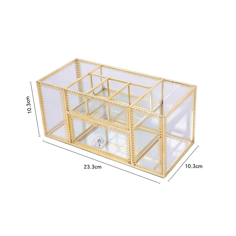 Новые модные босоножки из прозрачного материала/золото Макияж Организатор с выдвижным ящиком Стекло ящик для хранения кистей для макияжа шкатулка для драгоценностей Ламинированный косметический тюбик 23x10x10 см - Цвет: Прозрачный