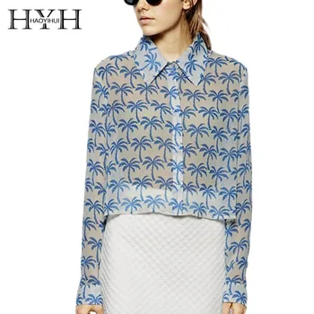 

HYH Haoyihui Western Style Street Coco Print Loose Tops Long Sleeve Short Paragraph Micro-transparent Chiffon Summer Women Shirt