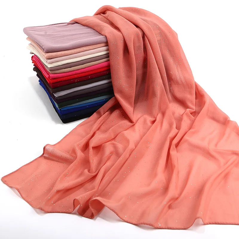 Летний красивый шарф золотые блестки мусульманский хиджаб шарф мерцающий пузырь шифон шаль на голову обёрточная бумага простые цвета 175x72 см