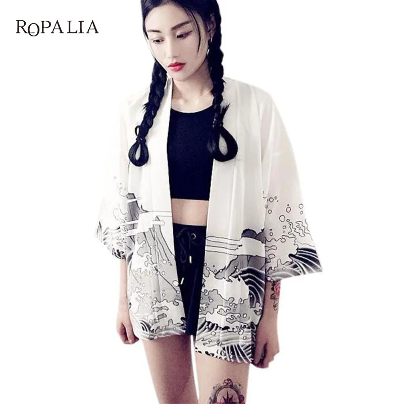 2017 fashion coat Japanese Harajuku style Waves and wind dragon Japanese kimono print chiffon cardigan summer sun Coats