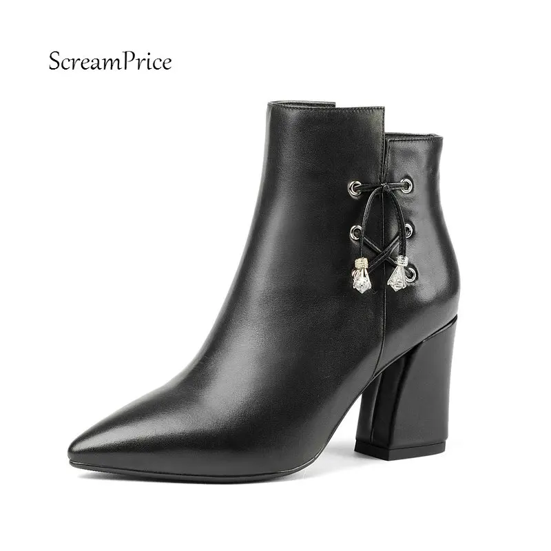 

Ladies Genuine Leather Thick High Heel Cross Tied Ankle Boots Fashion Zipper Fall Winter Bootie Black Brown