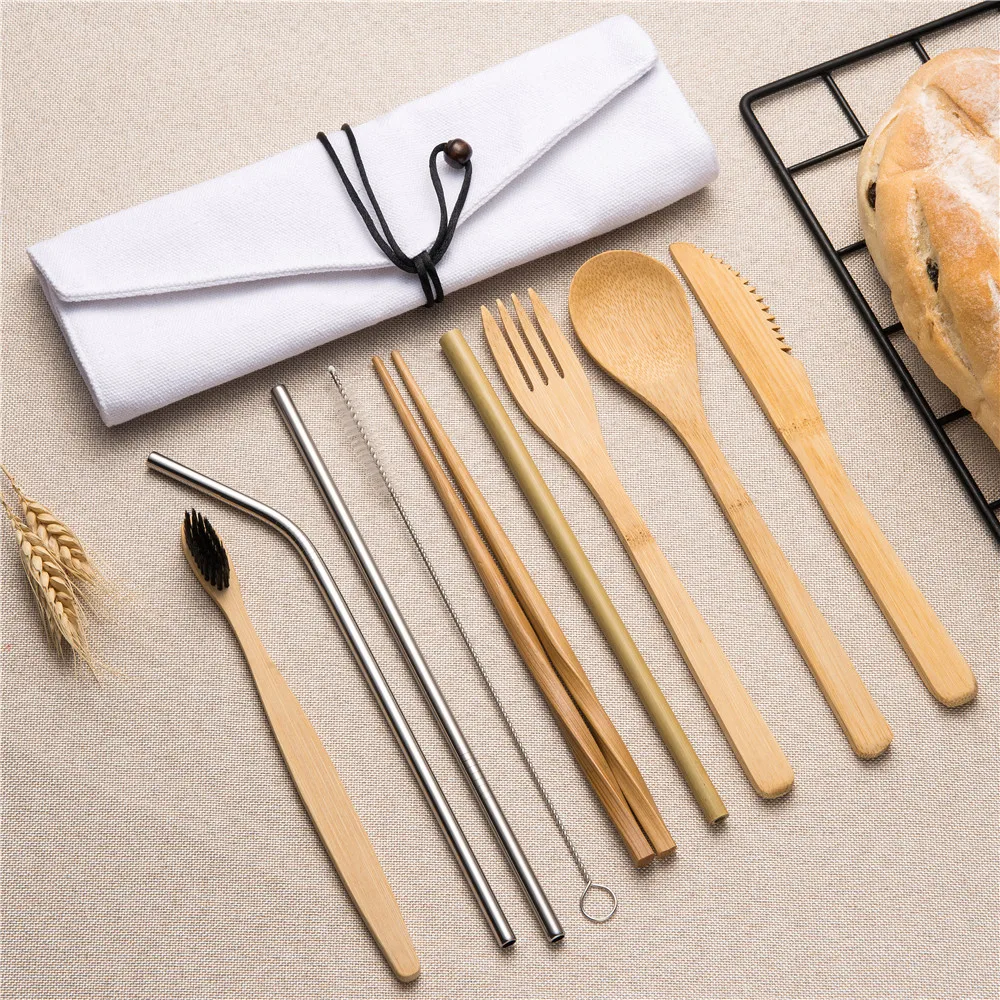 

10PCS portable cutlery set wooden tableware toothbrush chopsticks forks knives spoons Straight Bent Straw for travel cutlery set