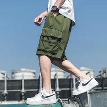 Летняя мода большой карман свободный Для мужчин штаны по колено шорты черная футболка и шаровары с эластичной резинкой на талии; шорты для бега 4XL 5XL