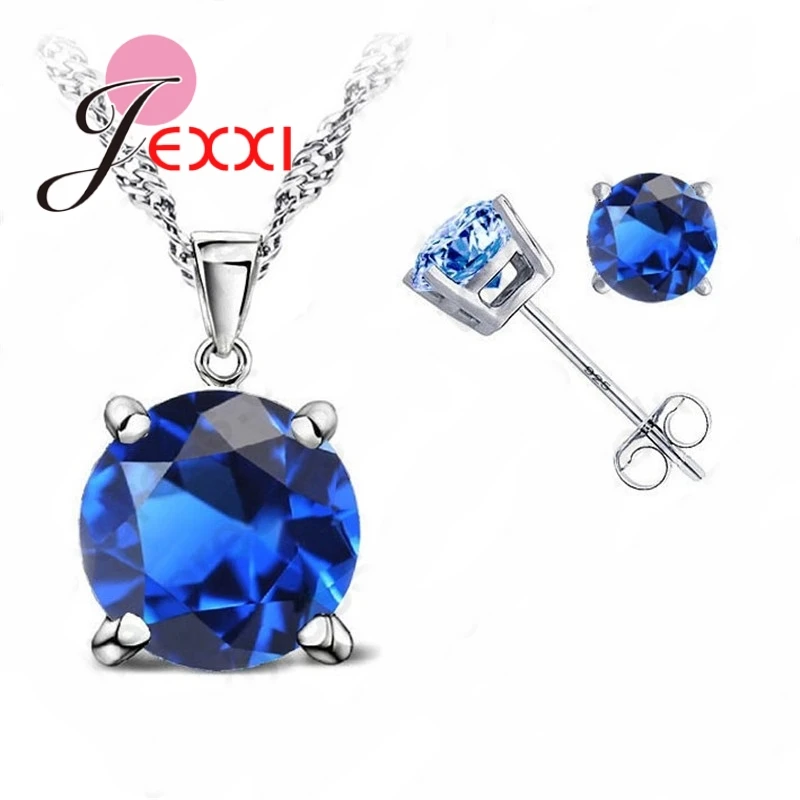 Classic Jewelry 4 Claws Cubic Zirconia 925 Sterling Silver Jewelry Sets Stud Earring Pendant Necklace 8 Colors