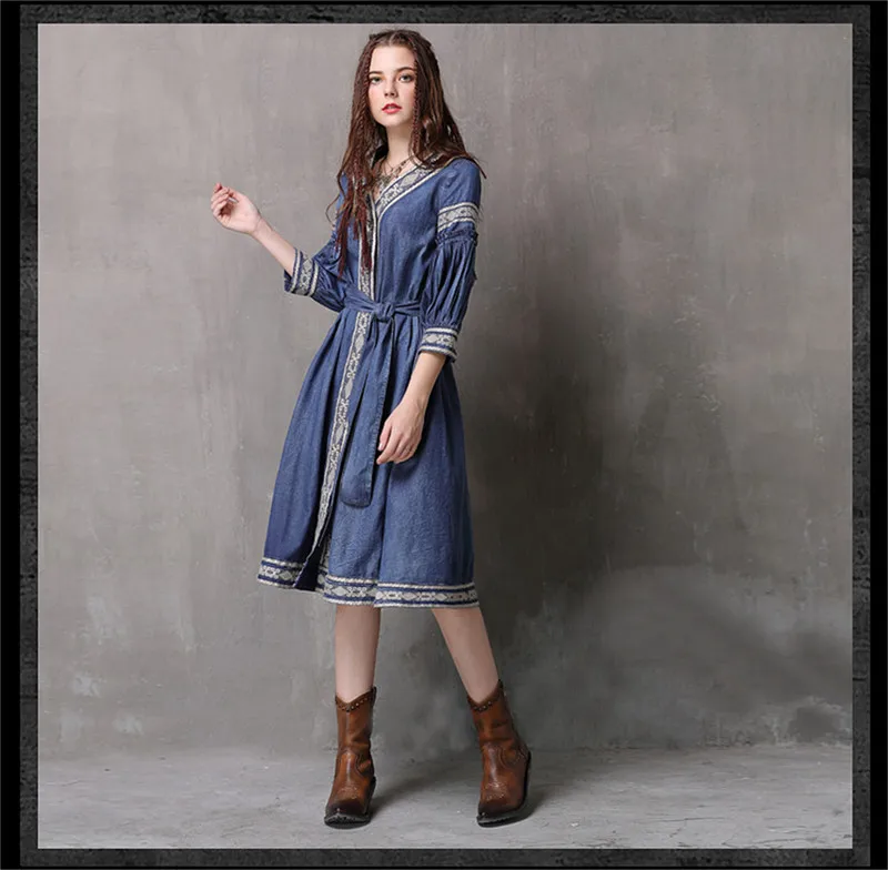 Vintage  V-Neck Summer Sashes Dress 2018 Embroidery New Denim Vestidos A-line Half Sleeve Belted Women Dresses Vestido Female (14)