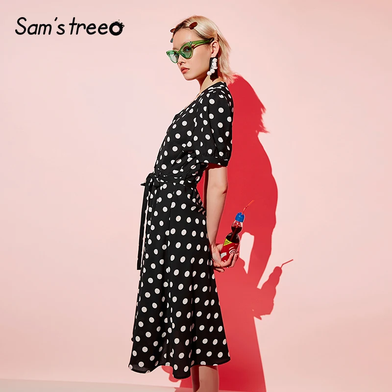 Samstree ألف خط نقطة اللباس المرأة زائد حجم فانوس كم منتصف العجل الخامس الرقبة الصيف فساتين 2019 مع الزنانير الشيفون الرجعية اللباس
