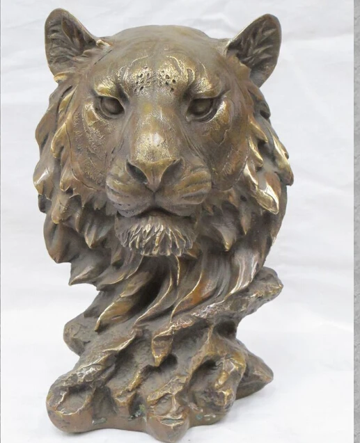 

10"Oriental East Art Bronze sculpture wild animal Foo Dog Lion head Statue D0317