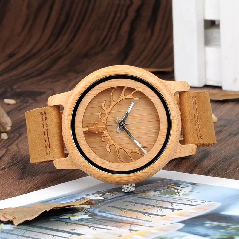 BOBO BIRD Hollow Skeleton Engraved Deer Head Bamboo Wood Watch Japan Movement 2035 Quartz Watch with Leather Strap for Mens