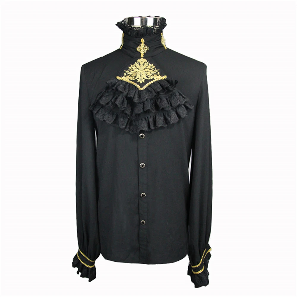 Готическая Мужская шифоновая рубашка с галстуком, блузки в стиле панк с рюшами и стоячим воротником, Tuxode, рубашки с рельефными оборками, блузка с длинным рукавом, Топ