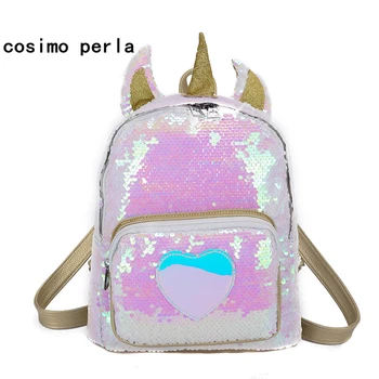 

Bling Bling Sequins Unicorn Backpacks for Little Girls Cute Small Travel Bag Women Leather Magic Reversible Rucksack for School