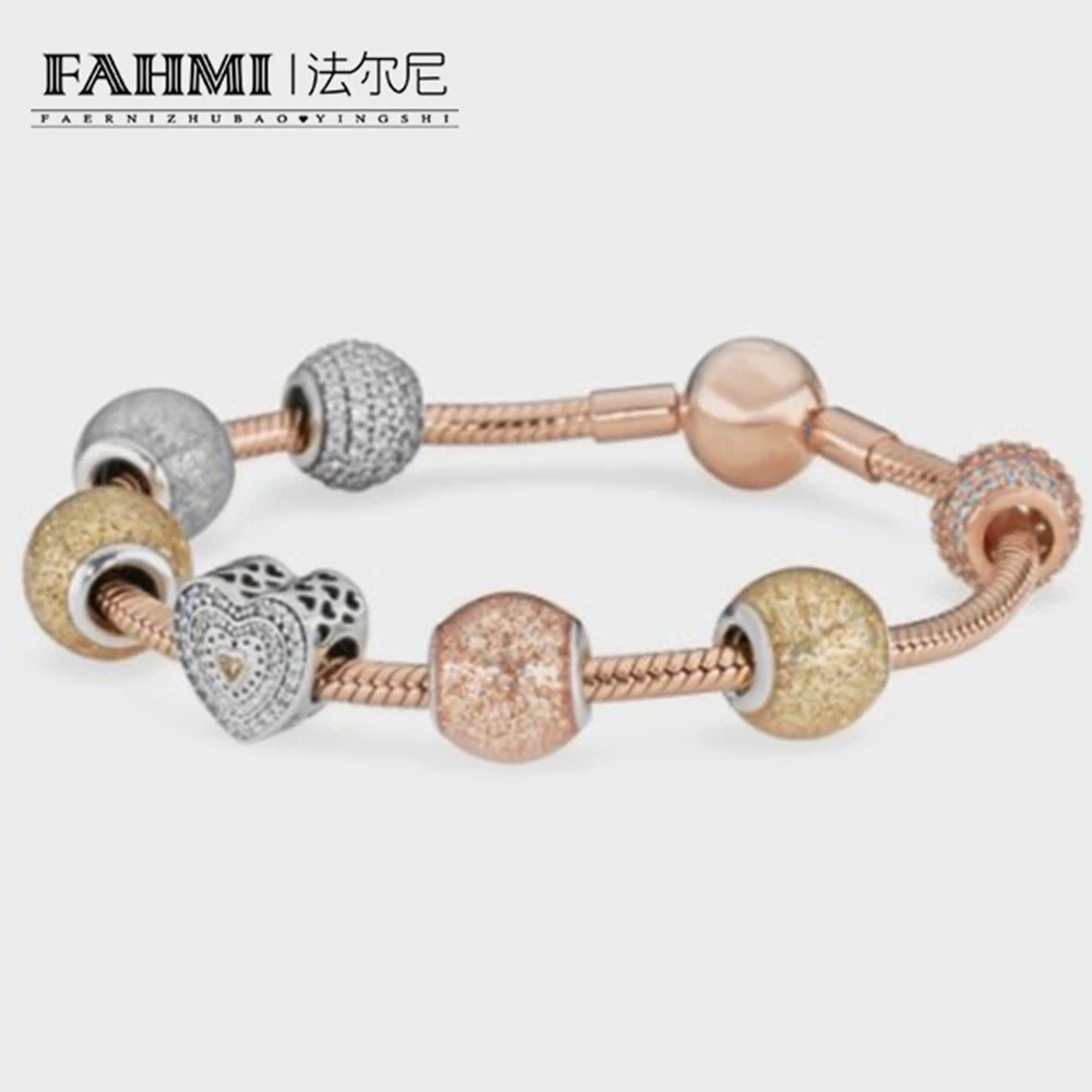 

FAHMI925 silver New Arrival Rose Gold Crystal Beads Fine Bracelets for Women DIY Silver Heart Charm Bracelets & Bangles
