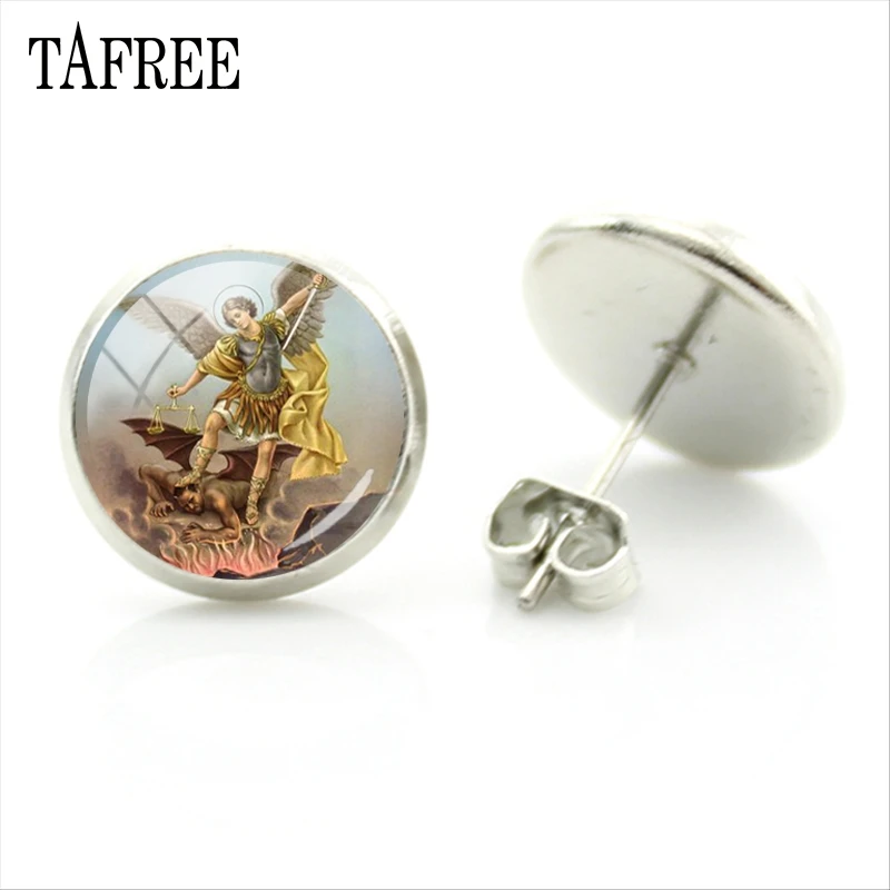 

TAFREE Michaelmas Stud Earrings Classic New Angel Earring Silver Color Glass Cabochon Men Women Christianity Faith Jewelry MC02