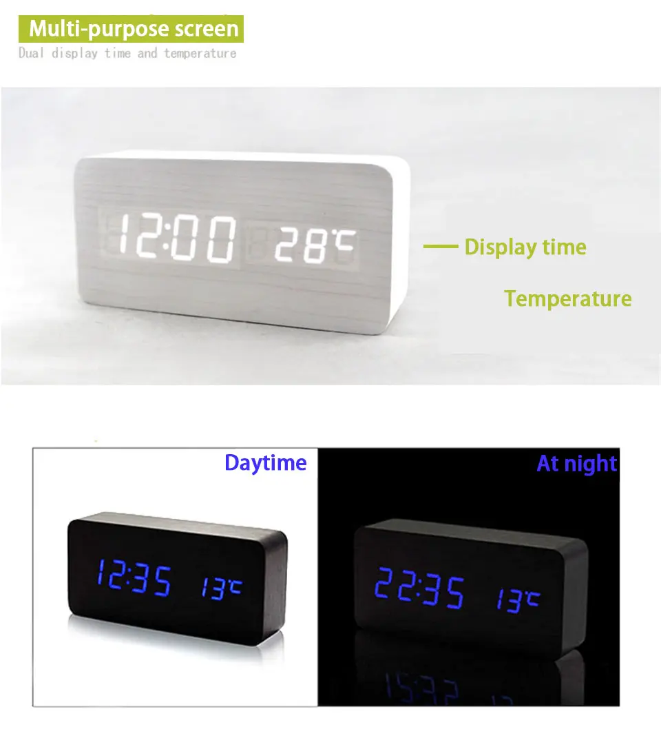 Деревянный светодиодный температурный контроль электронные часы Звуковое управление цифровой светодиодный дисплей настольные креативные деревянные настольные часы