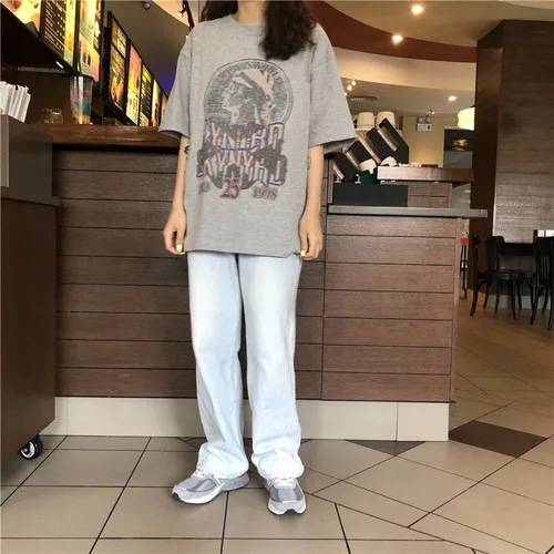 

Vitnage Letter Printed Cotton Long Design Fashion Basic Hit College Wind Loose Casual Female Women Fashion Short Sleeve T-shirts