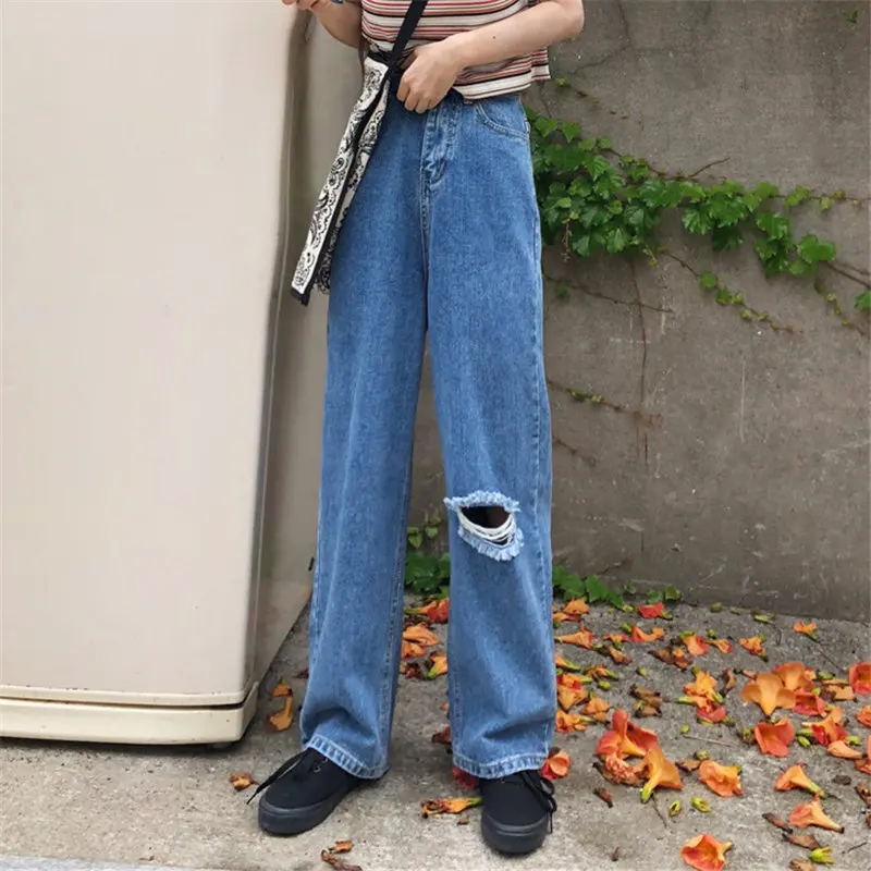 HziriP Female Brief Chic High Waist Hole Slim Straight Jeans Pants Loose Denim All Match Full Retro Women New Vintage Trousers - Цвет: blue