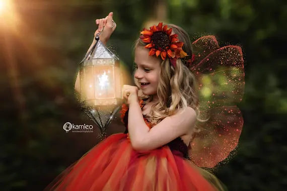 Comprar Lindo vestido de hada naranja tutú para niños Halloween vestido de tul vestido de baile con alas de mariposa para niños disfraz de Cosplay vestido de fiesta