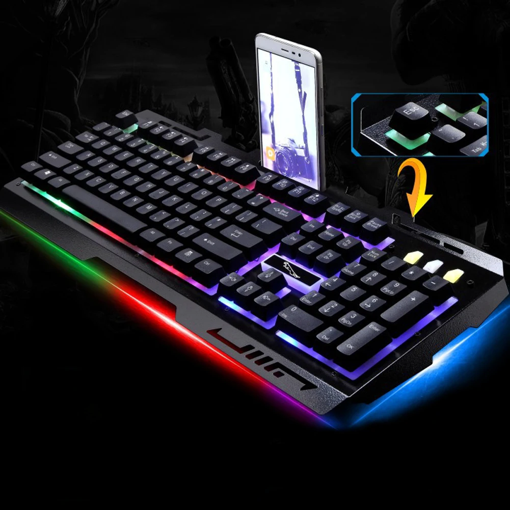  3 Backlights Metal Pro Gaming Keyboard USB Wired Powered Full Game Keyboard for PC Games LOL Dota C