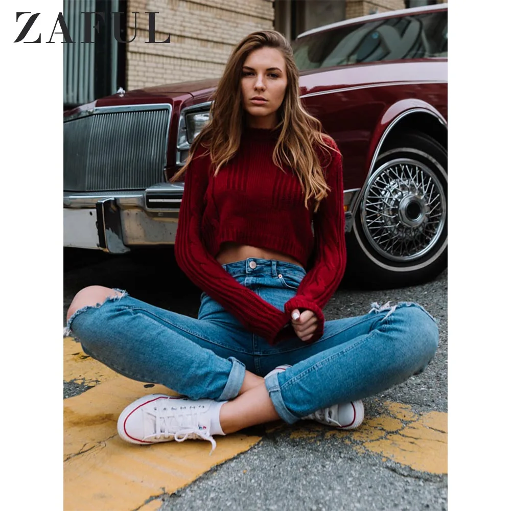 

ZAFUL Cable Knit Sweater O Neck Long Sleeve Candy Color Panel Crop Top Women Sweaters Pullovers Fall Winter Girls Tops Jumpers