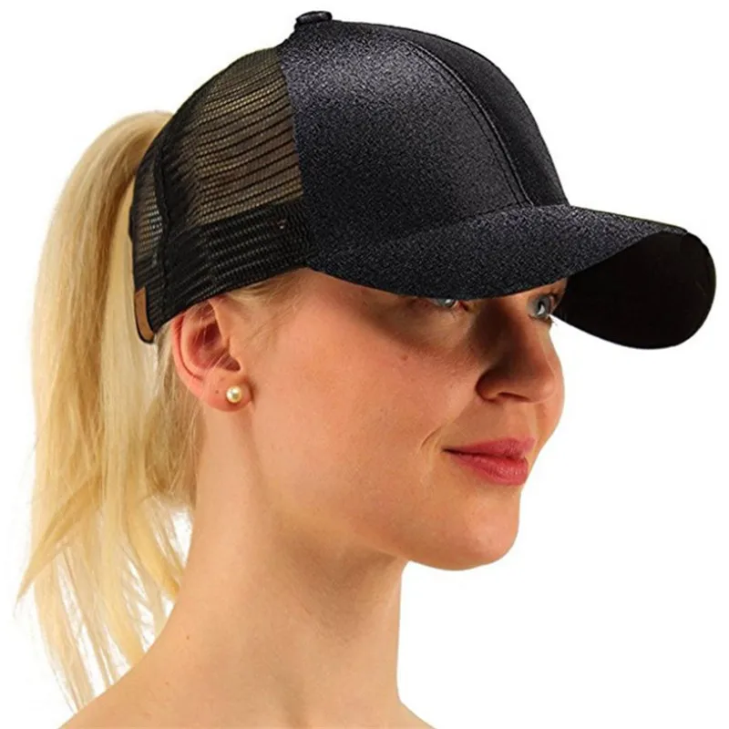 Nuevo niñas Ponytail gorras de béisbol mujeres verano malla transpirable sombrero Snapback Sunhat lentejuelas brillan sombrero gorras de beisbol