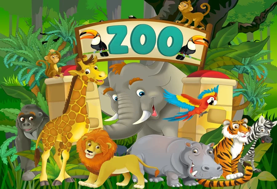 

Laeacco Jungle Party Cartoon Animals Rhinoceros Elephant Bird Baby Background Customized Photographic Backdrops For Photo Studio