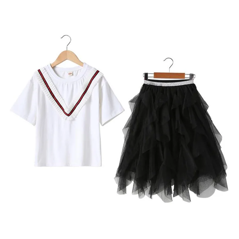 

Fashion Two Piece Clothing Sets Big Girls 2019 Summer Clothes Set White Short Sleeve T-shirt+Black Irregular Mesh Skirt Suit