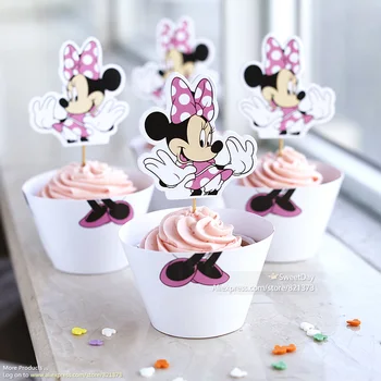 

Free Shipping Minnie Mouse design cupcake wrappers decoration for baby girl birthday party kids shower supplies cake cup picks