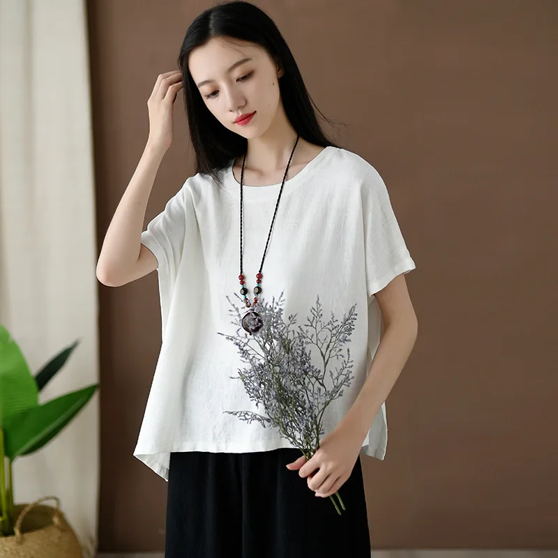 

Johnature 2019 Original Cotton And Linen T-Shirts New Solid Color Irregular Linen 4 Color Casual Summer Loose Women's T-shirts
