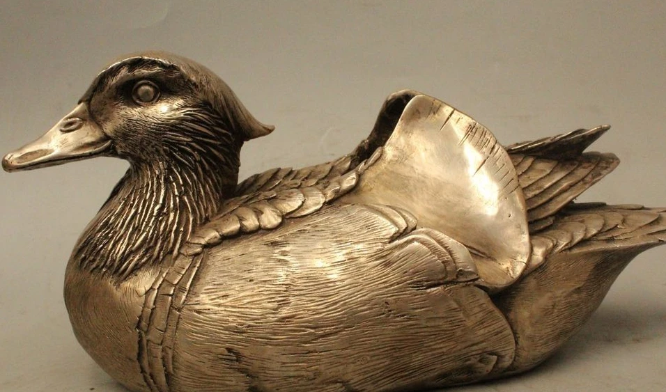 

12" China Folk Tibet Silver Mandarin Duck Aix Galericulata Statue Sculpture