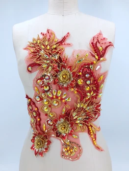 

handmade gold Hot drilling Rhinestone pearl lace embroidery patch applique wedding dress bordados DIY Performance clothing