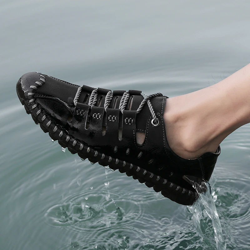 Для Мужчин's сандалии из кожи на шнуровке; Летняя Открытая воздухопроницаемая комфортная обувь Нескользящая Повседневное Для мужчин на открытом воздухе пляжная обувь большой размер 38-48