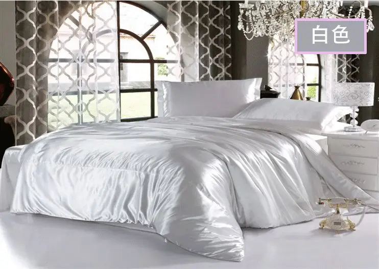 White bedding set king queen size romantic silk satin