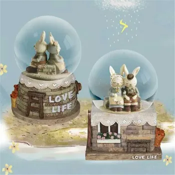 

MISS Resin Rabbit Music box Couple Rabbit Mechanism Crystal Music Box Children Birthday gifts Carrossel Cube Novelty Musical Box