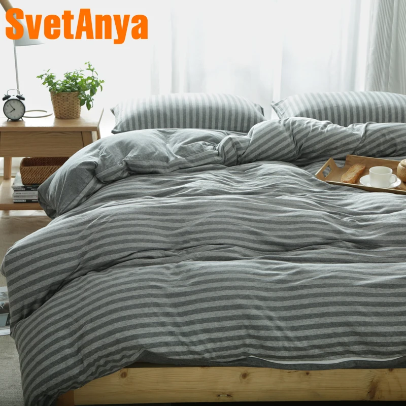

Svetanya Knitted Cotton Bedlinen Gray Stripe Design Home Bedding Sets Fitted or Flat Bedsheet Doona Duvet Cover Sets