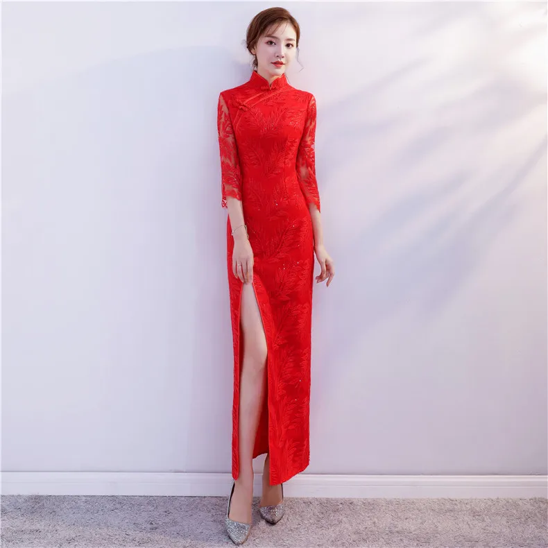 

Red Lace Cheongsam Long Qipao Dresses Chinese Traditional Wedding Dress China Clothing Store Vestido Oriental Plus Size 3XL 4XL