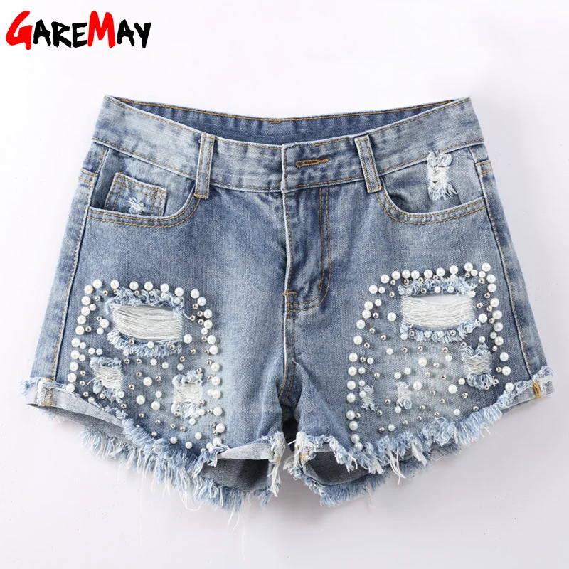 

GAREMAY Denim Ripped Shorts For Women Slim Sexy Vintage Jeans Shorts Femme Pearl Beads Ladies Destroyed Short Jean Feminino