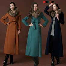 Осень-зима, женское приталенное супер длинное пальто с воротником из меха енота, кашемировая толстая верхняя одежда, двубортная шерстяная одежда D027